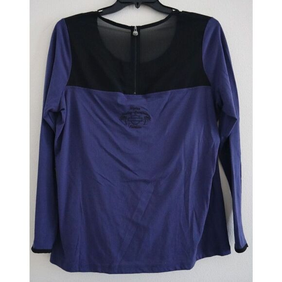 Harley-Davidson Women's Sz 2XL Blue/Black L/S Chiffon Scoop Neck Back Zip Blouse - Picture 2 of 10